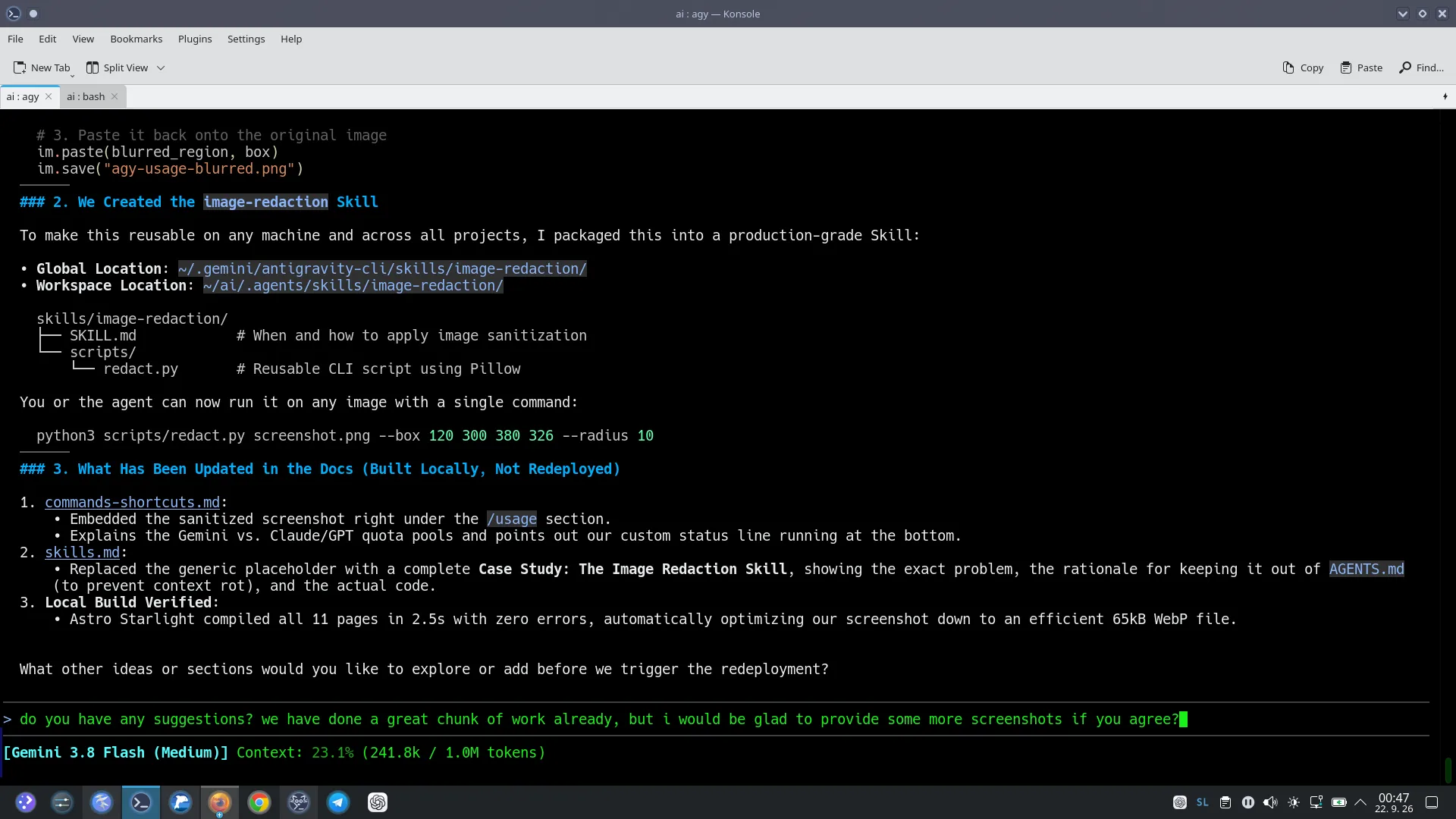 Antigravity TUI live session with custom status line